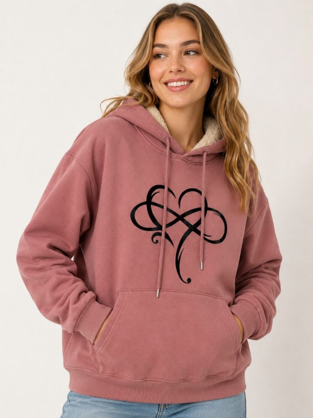 Women’s S Mauve Pink Sherpa Lined Graphic Hoodie Pullover